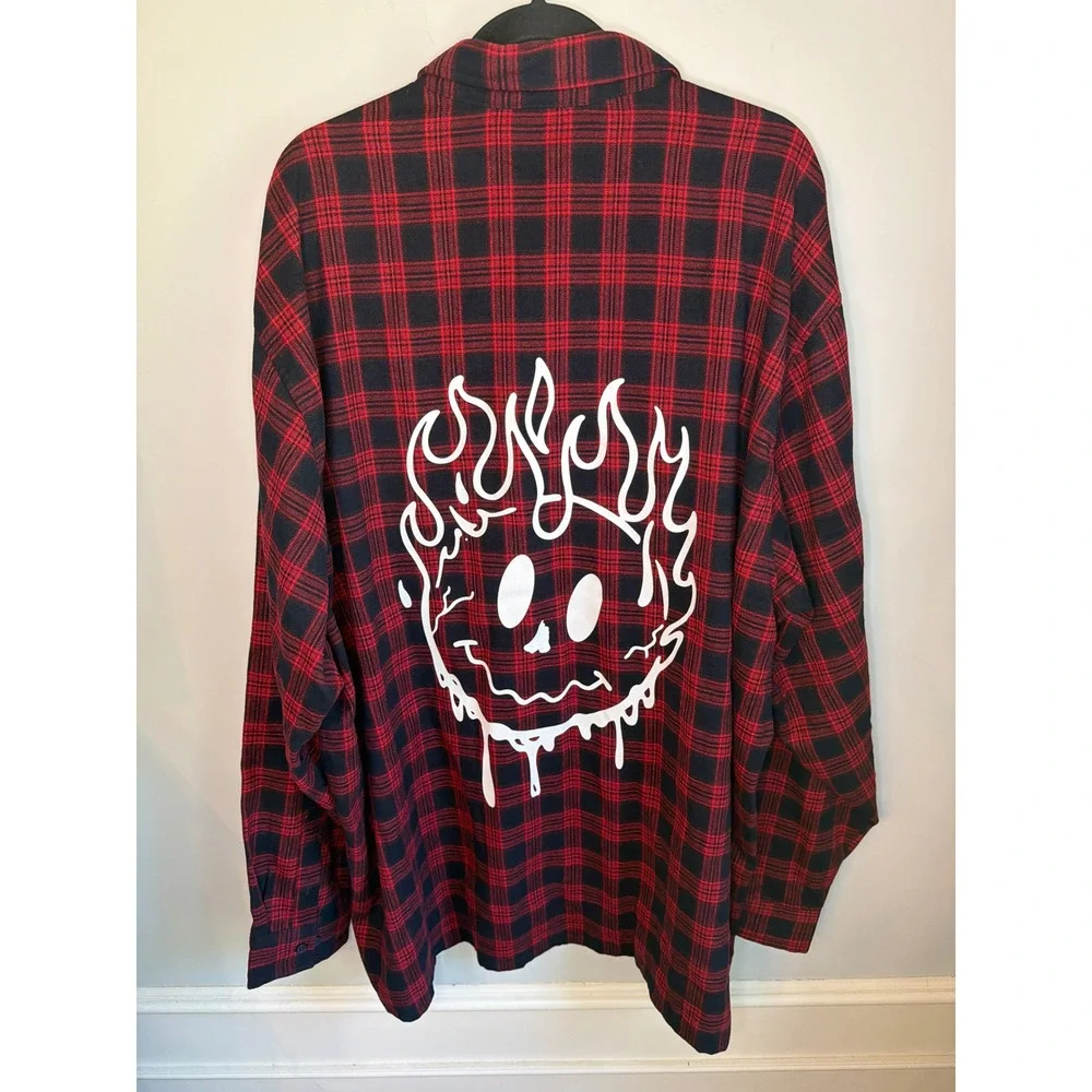 Kill Crew Porrada Series Red Black Plaid Flannel Shirt Mens 4XL Flaming Skull